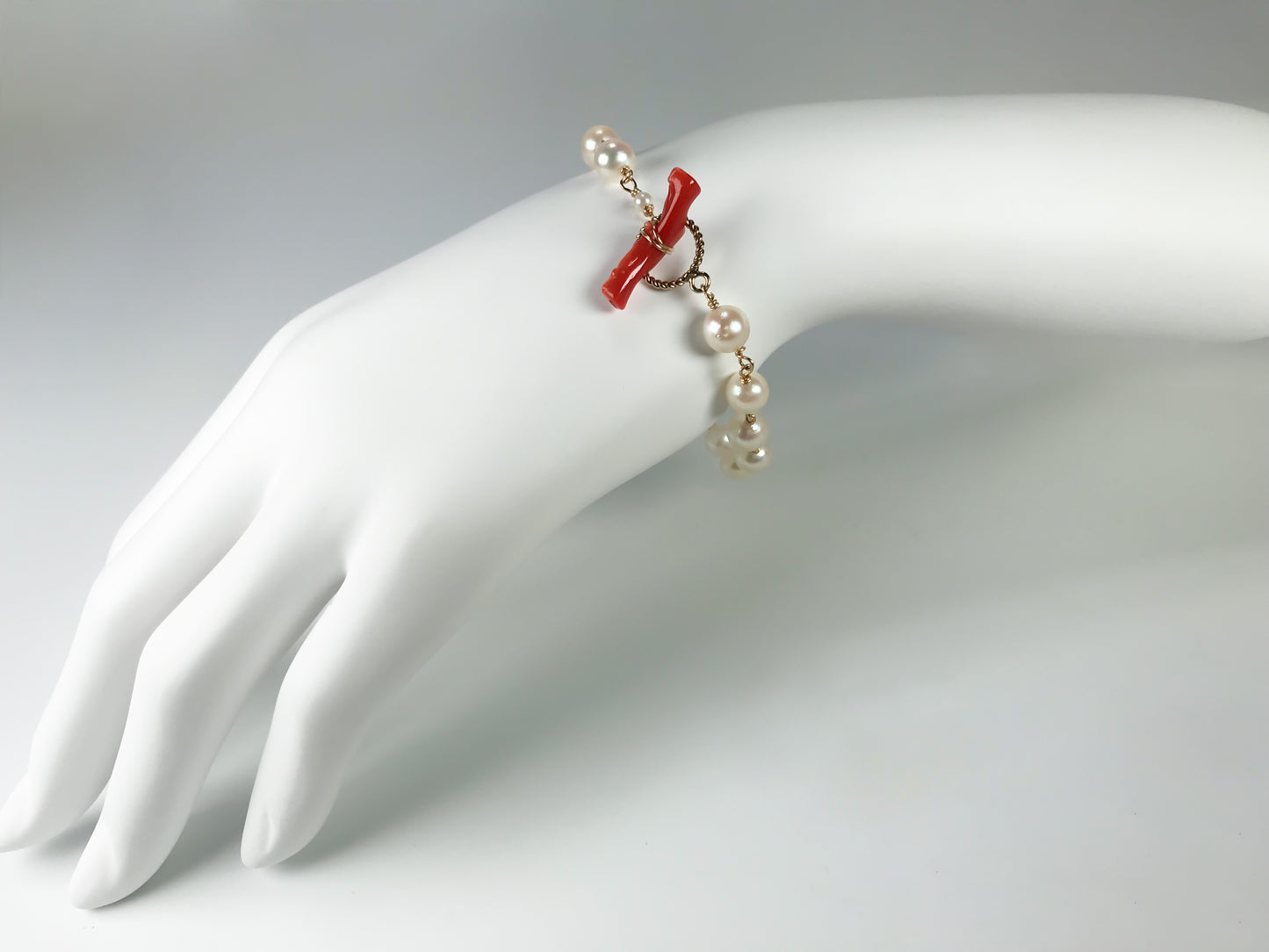 Akoya pearl bracelet 14K gold filled toggle ring with blood red coral bar