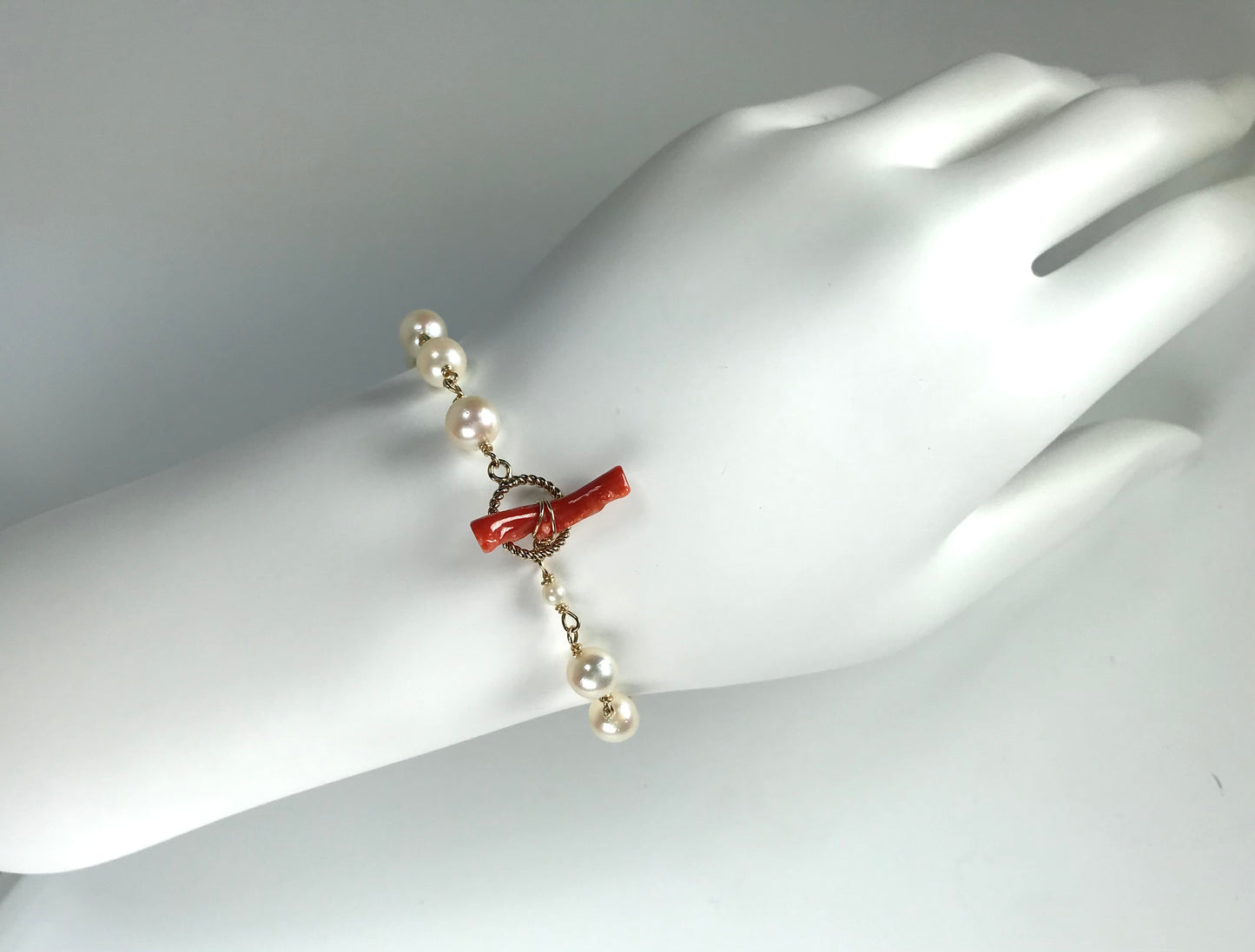 Akoya pearl bracelet 14K gold filled toggle ring with blood red coral bar