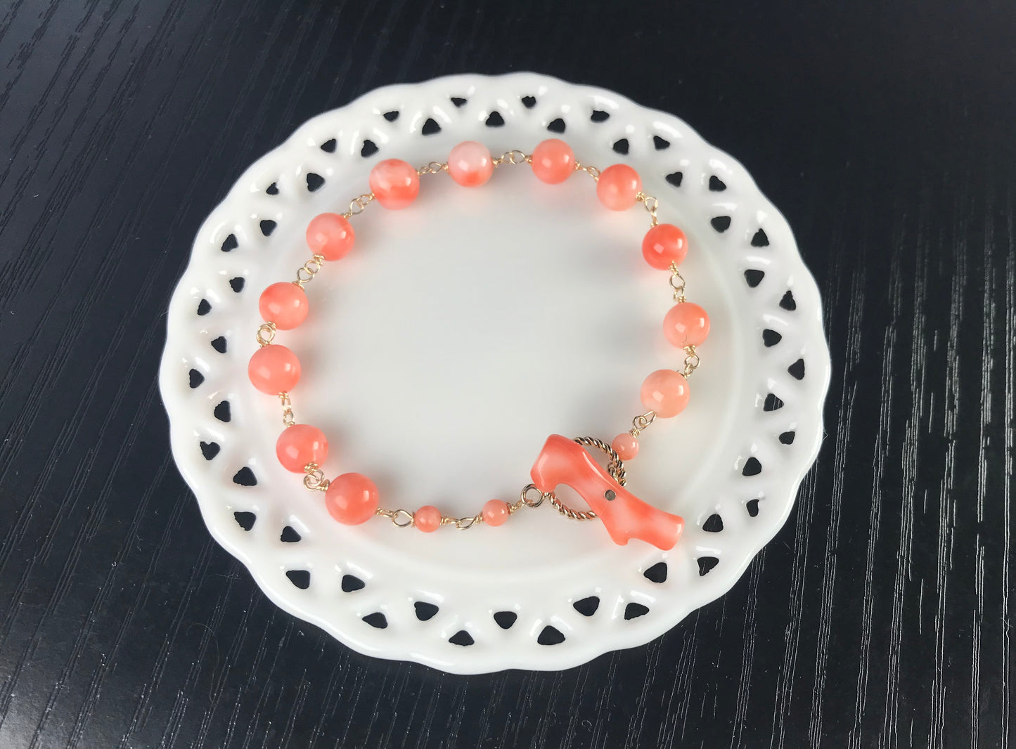 Natural pink coral bracelet 14K gold filled toggle ring with coral bar