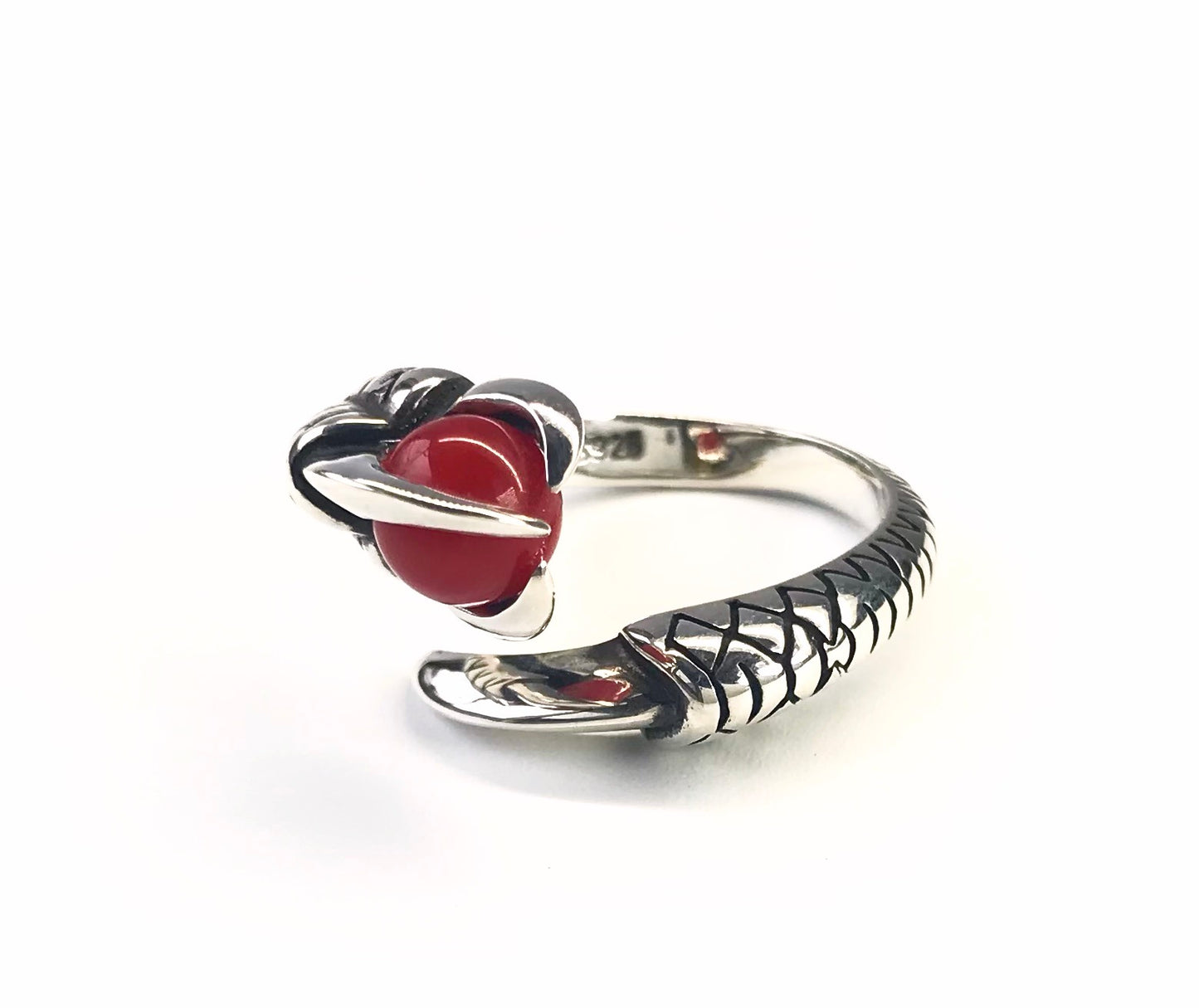 Blood red coral silver dragon claw ring