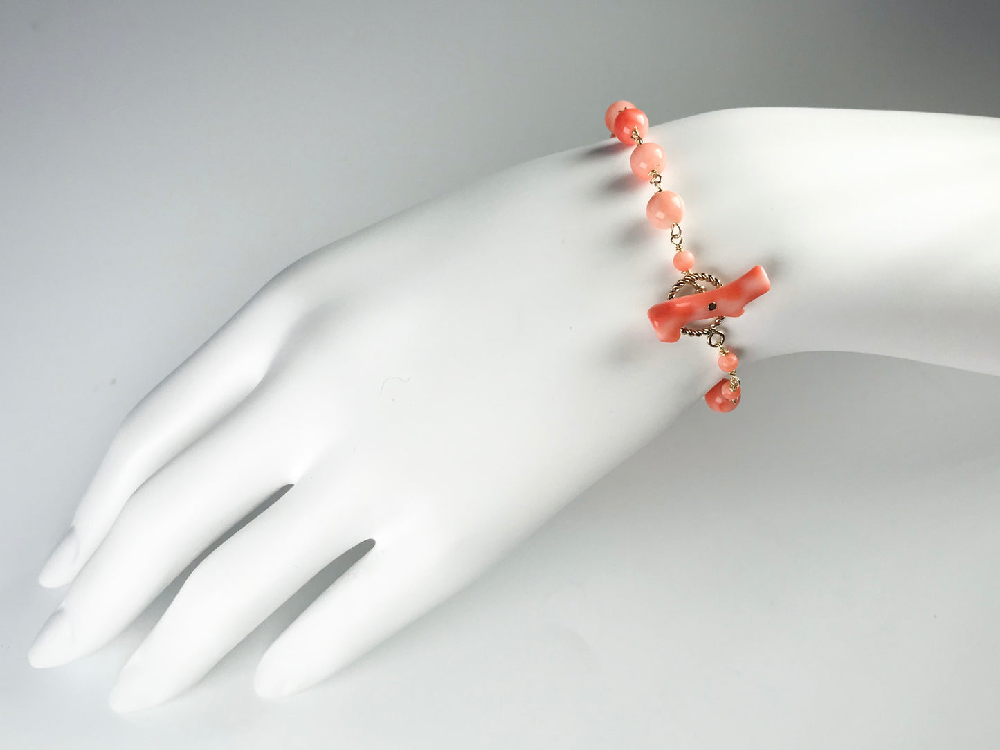 Natural pink coral bracelet 14K gold filled toggle ring with coral bar