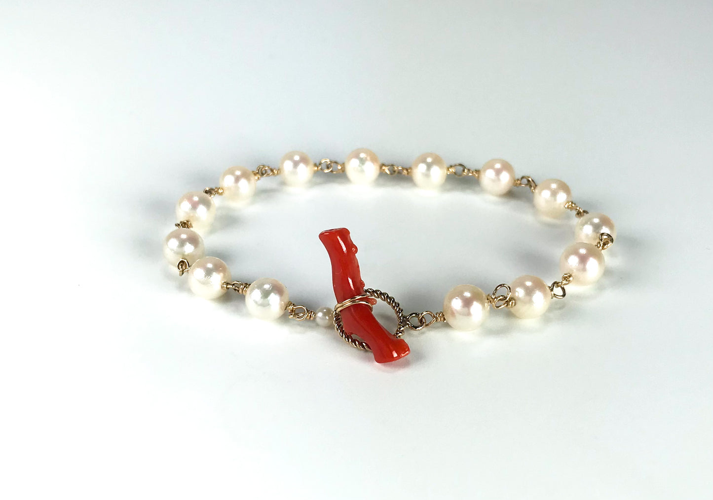 Akoya pearl bracelet 14K gold filled toggle ring with blood red coral bar