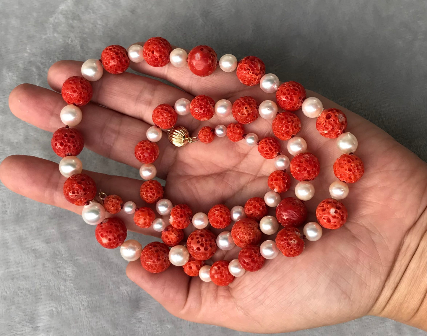 Extra large Red Sudama coral and Akoya Pearl Necklace