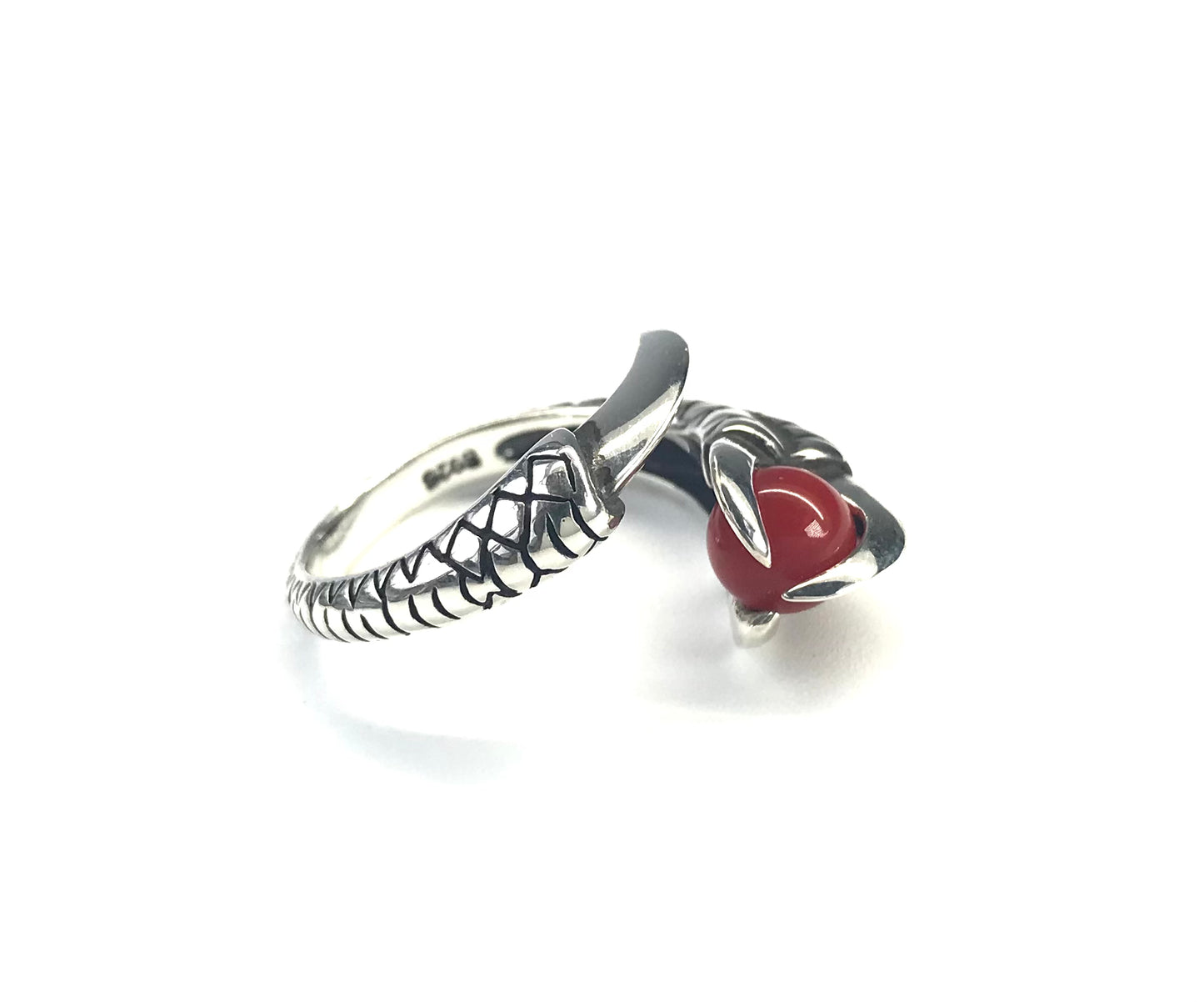 Blood red coral silver dragon claw ring