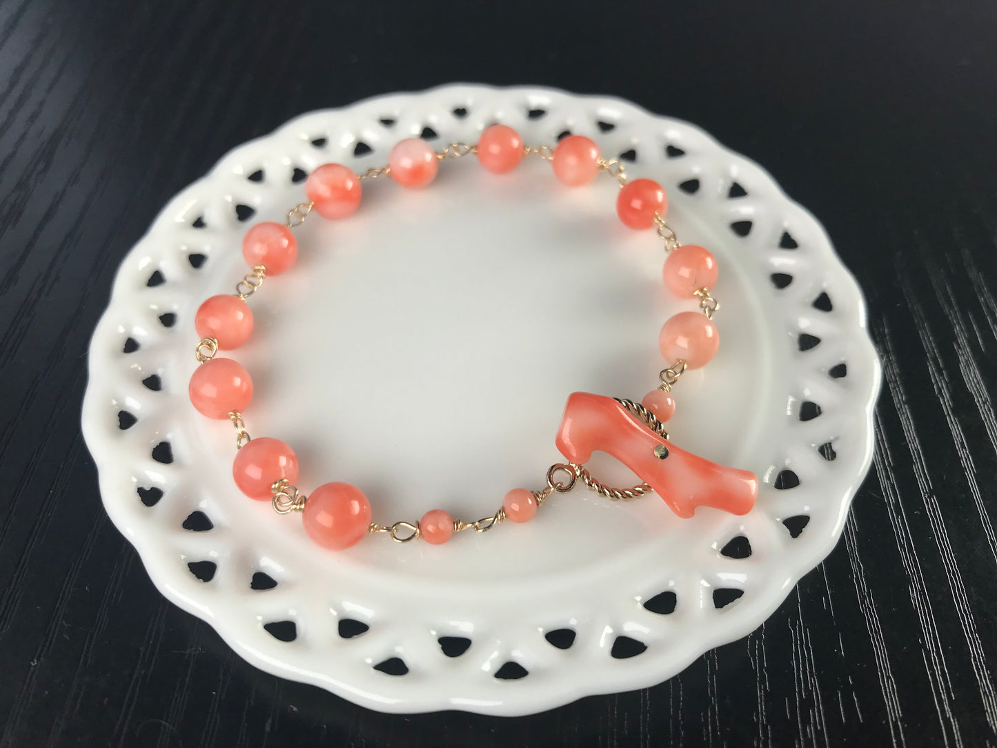 Natural pink coral bracelet 14K gold filled toggle ring with coral bar