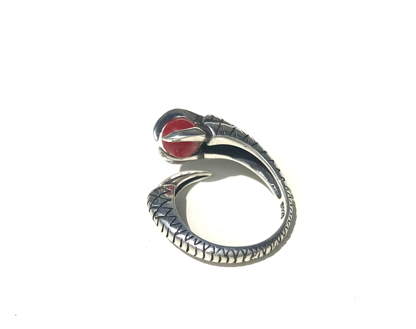 Blood red coral silver dragon claw ring