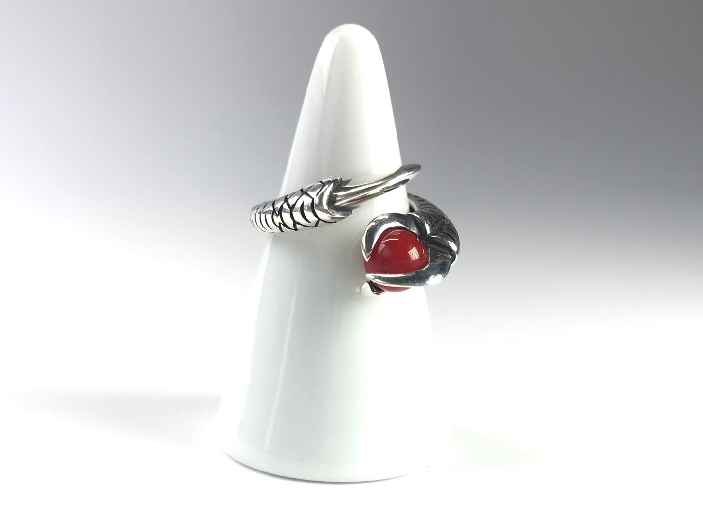 Blood red coral silver dragon claw ring