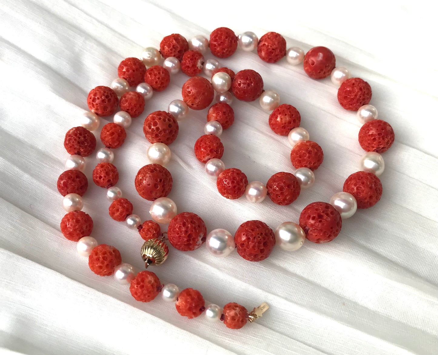 Extra large Red Sudama coral and Akoya Pearl Necklace