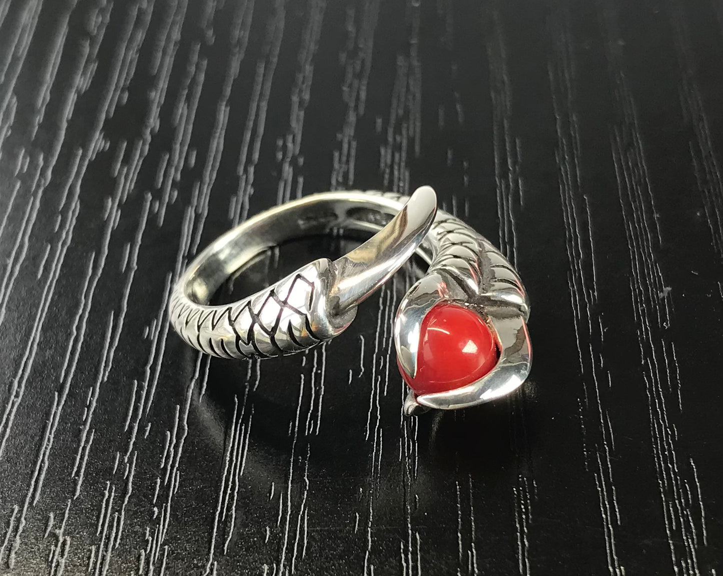 Blood red coral silver dragon claw ring