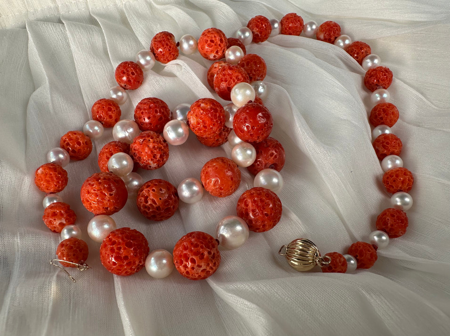 Extra large Red Sudama coral and Akoya Pearl Necklace