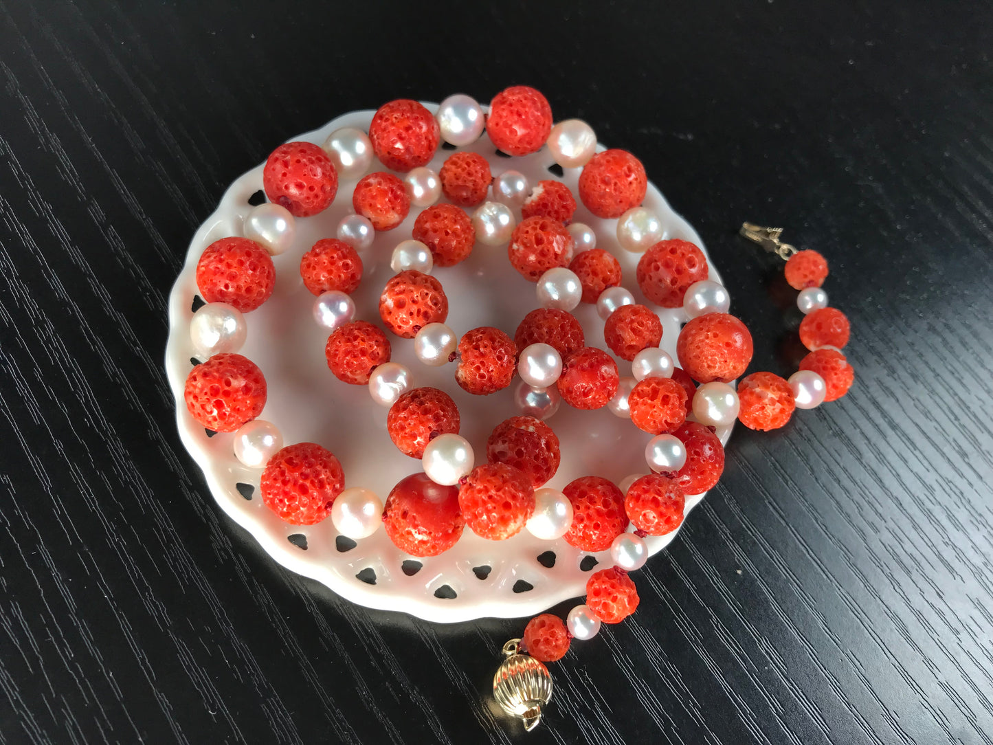 Extra large Red Sudama coral and Akoya Pearl Necklace