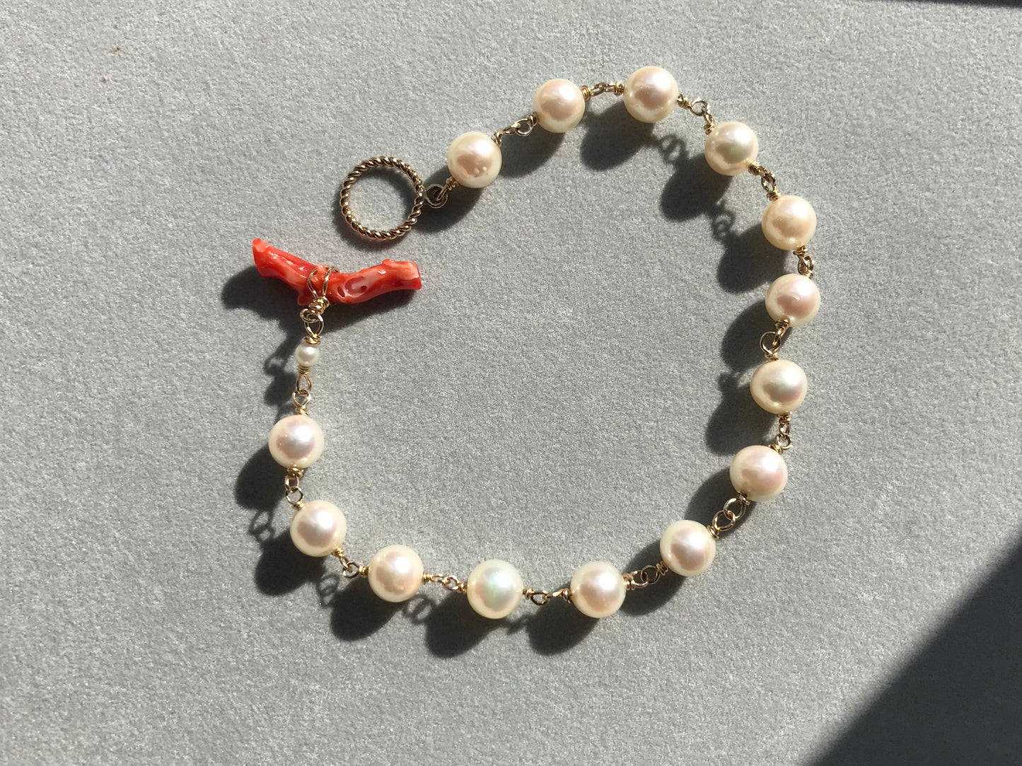 Akoya pearl bracelet 14K gold filled toggle ring with blood red coral bar