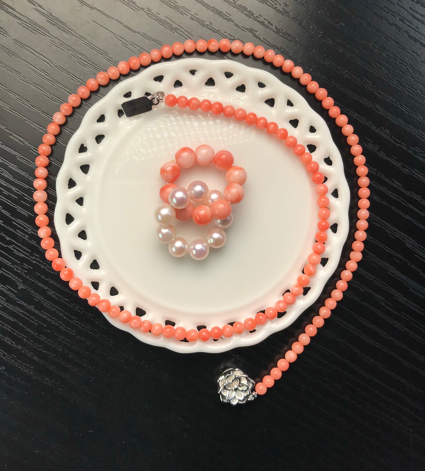 Pink coral and Akoya pearl interlocking circles pendant