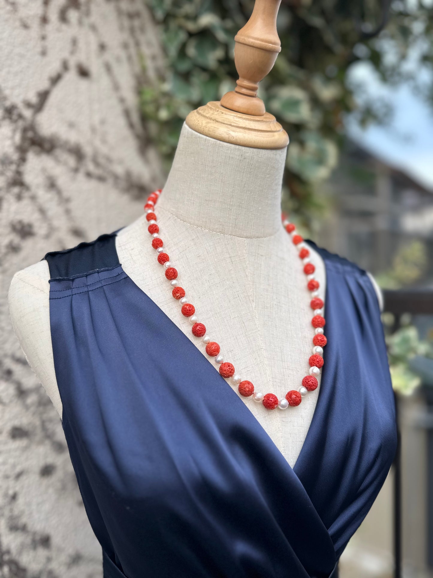 Extra large Red Sudama coral and Akoya Pearl Necklace