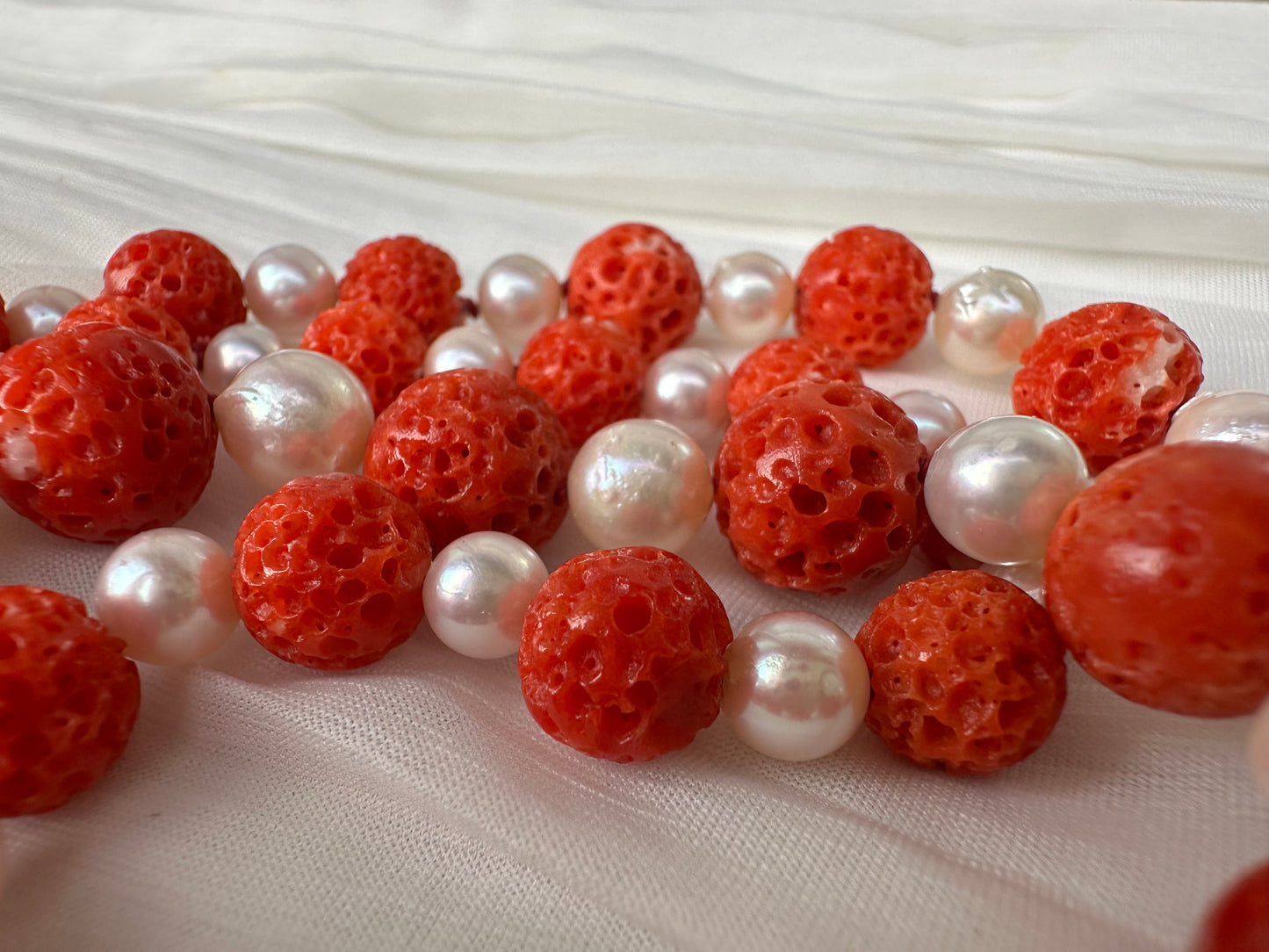 Extra large Red Sudama coral and Akoya Pearl Necklace