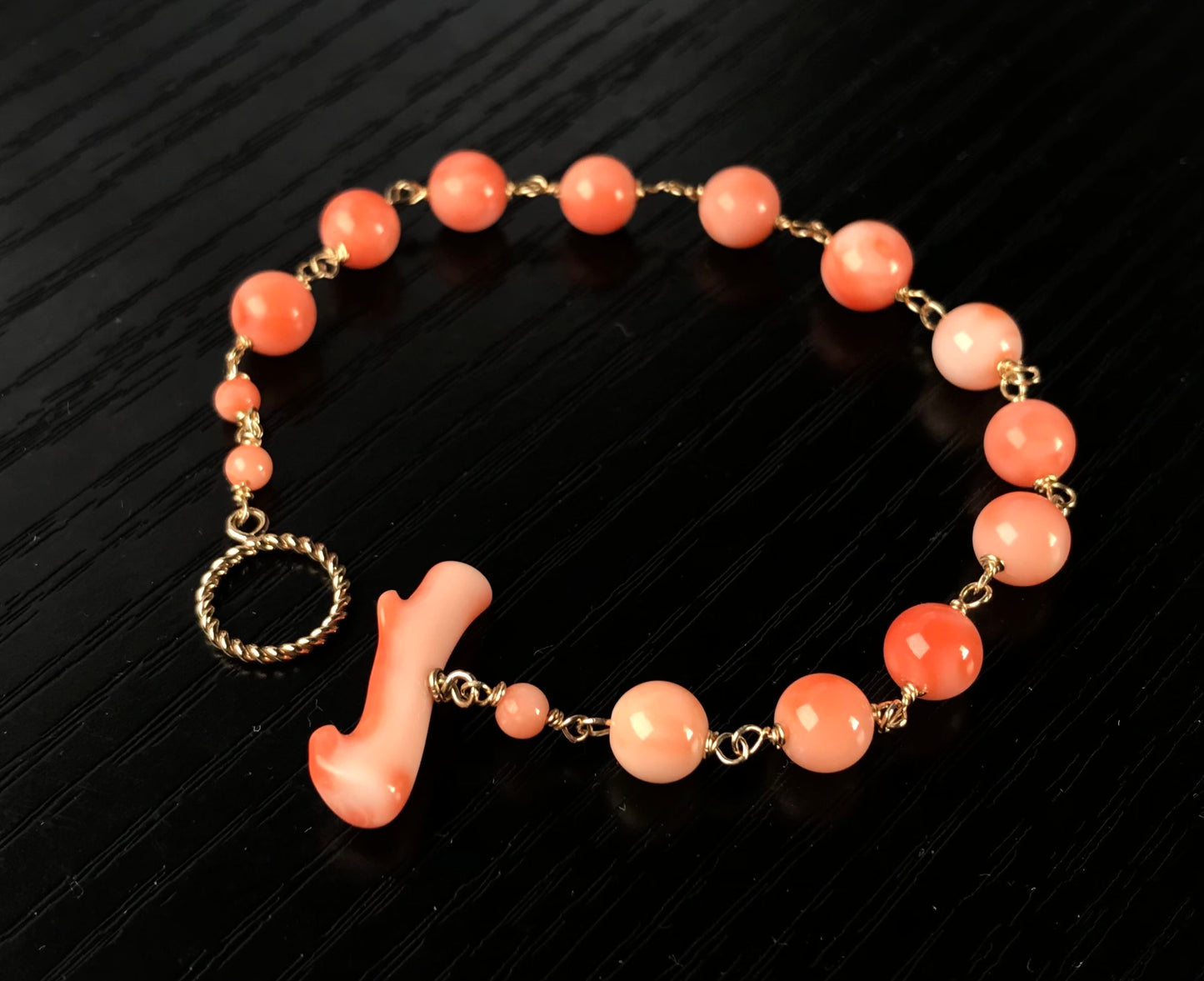 Natural pink coral bracelet 14K gold filled toggle ring with coral bar