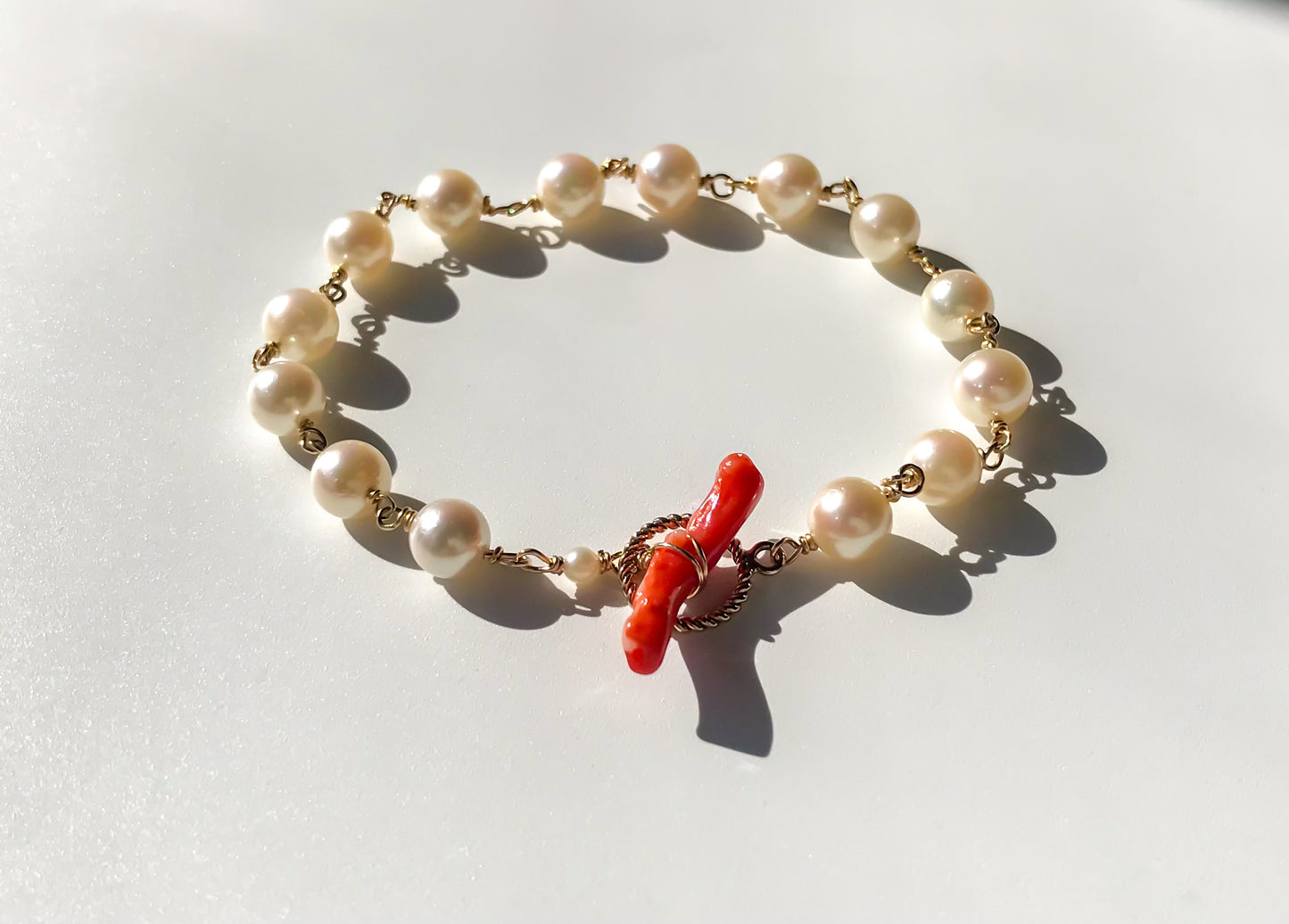 Akoya pearl bracelet 14K gold filled toggle ring with blood red coral bar