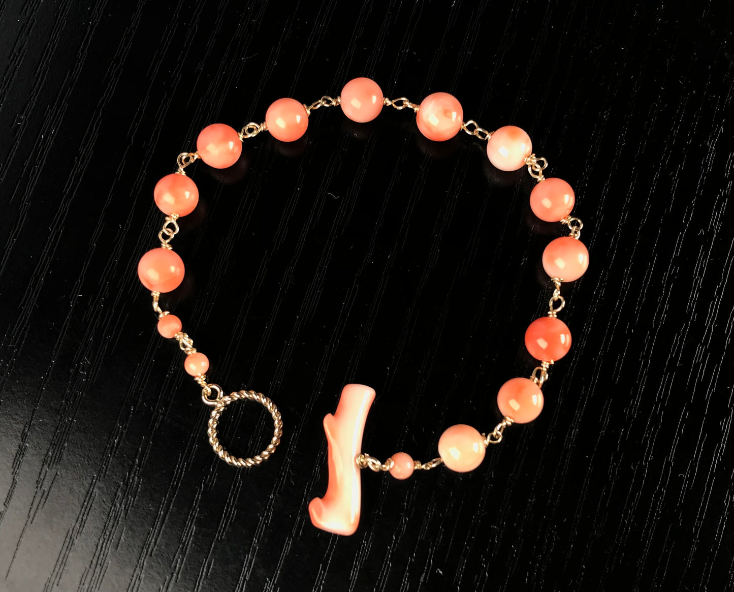 Natural pink coral bracelet 14K gold filled toggle ring with coral bar