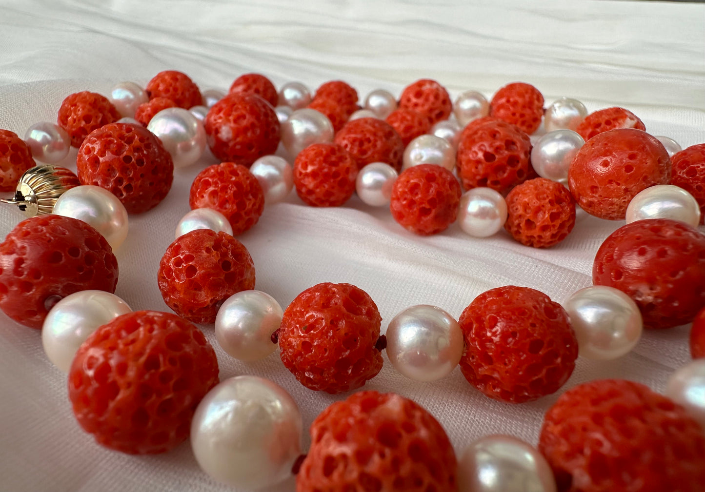 Extra large Red Sudama coral and Akoya Pearl Necklace