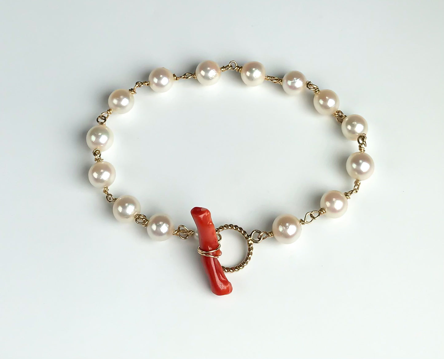 Akoya pearl bracelet 14K gold filled toggle ring with blood red coral bar