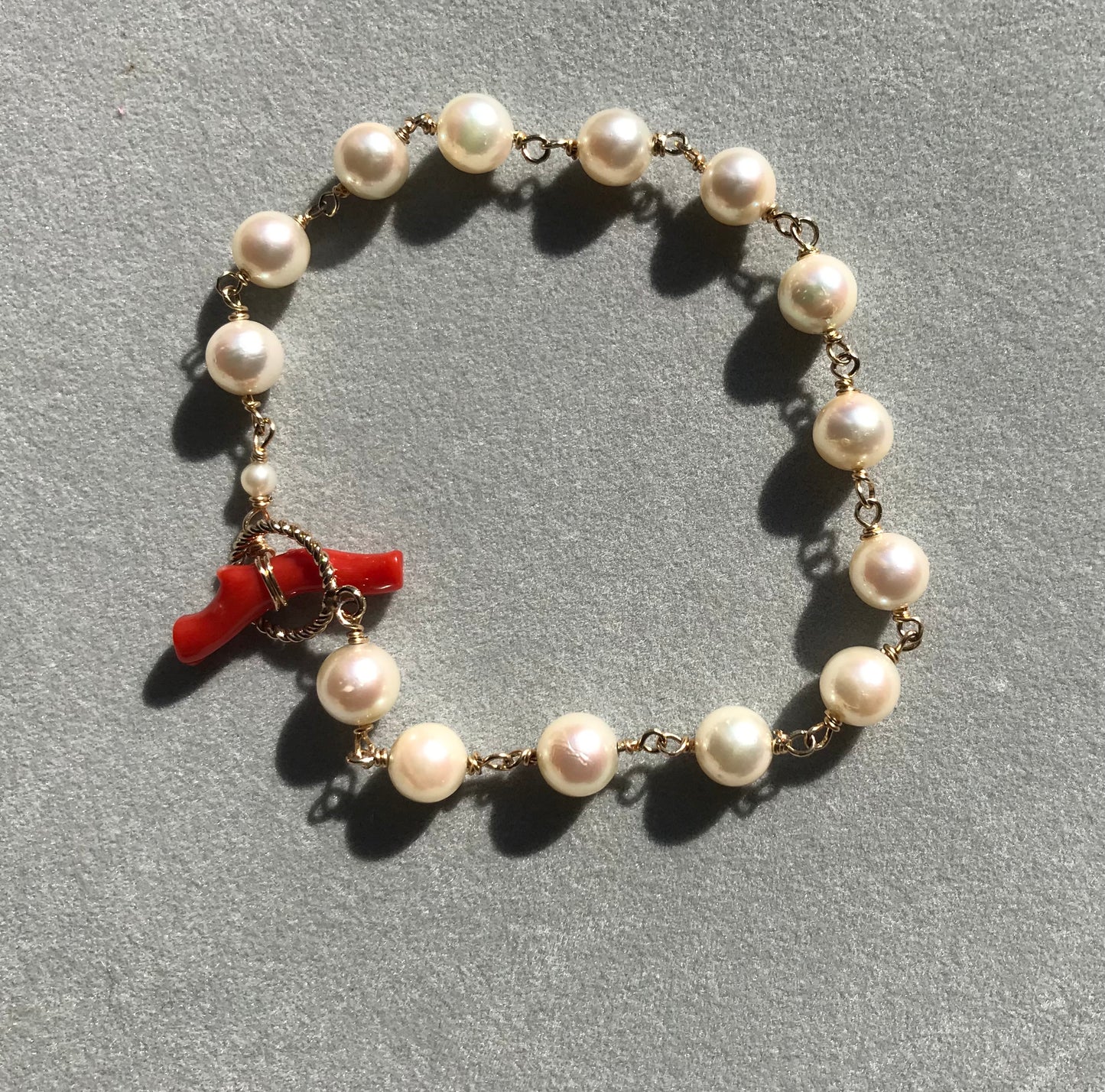 Akoya pearl bracelet 14K gold filled toggle ring with blood red coral bar