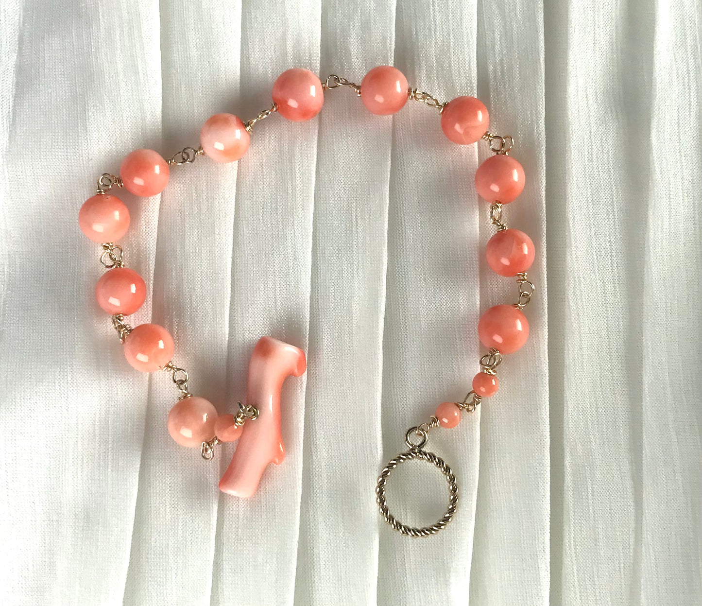 Natural pink coral bracelet 14K gold filled toggle ring with coral bar