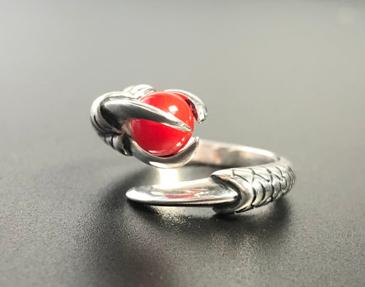 Blood red coral silver dragon claw ring