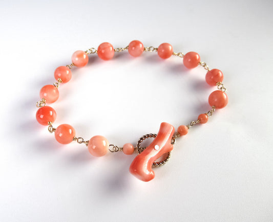 Natural pink coral bracelet 14K gold filled toggle ring with coral bar