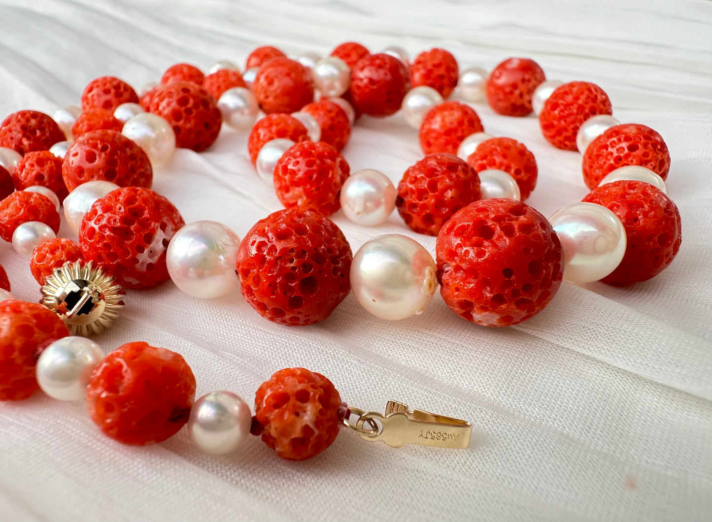 Extra large Red Sudama coral and Akoya Pearl Necklace