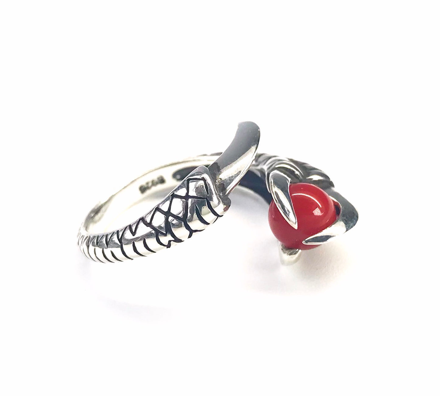 Blood red coral silver dragon claw ring