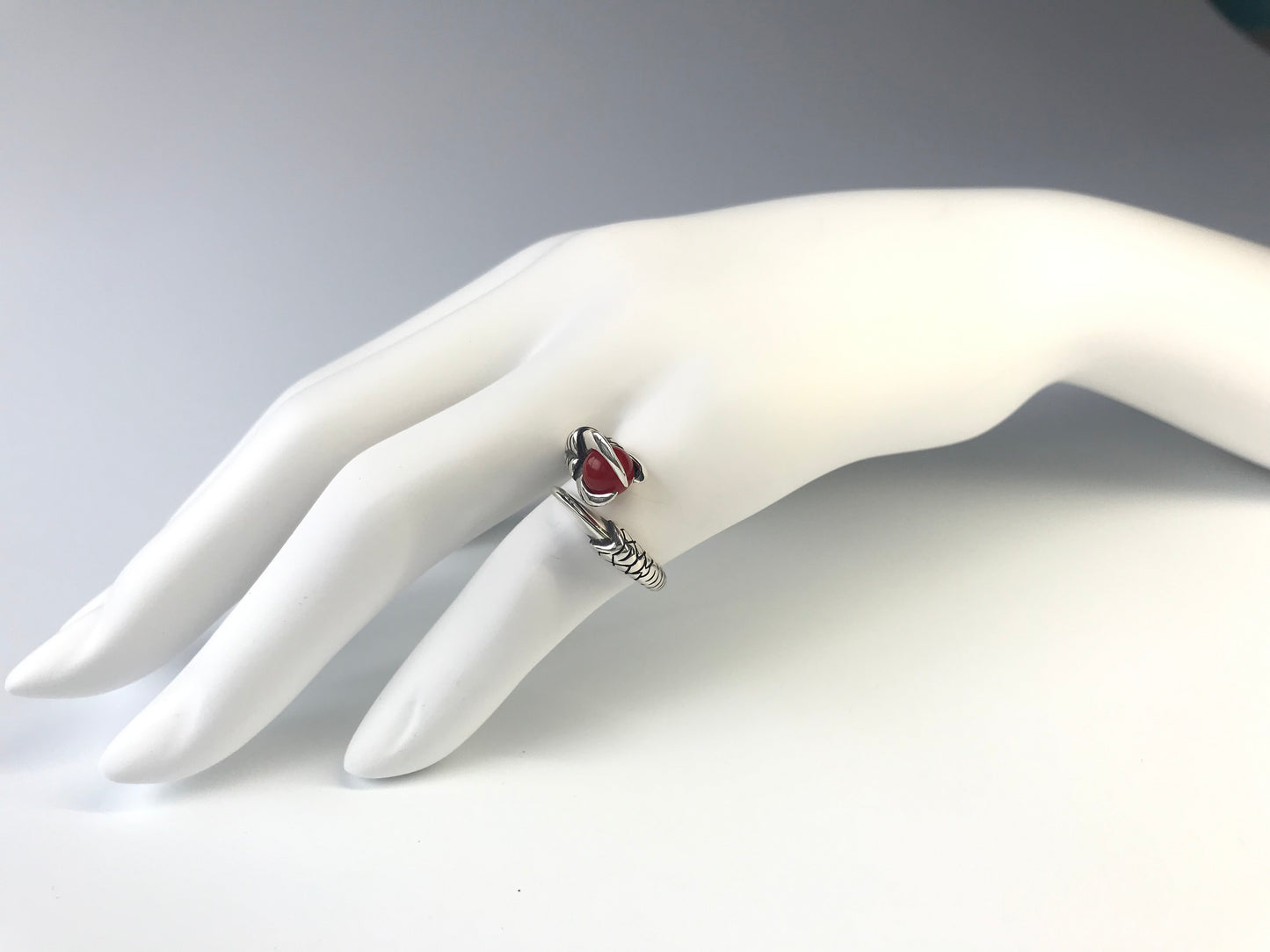 Blood red coral silver dragon claw ring